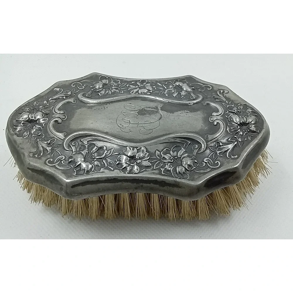 Antique‎ Art Nouveau Silver Tone Repousse Floral Monogram Vanity Clothes Brush